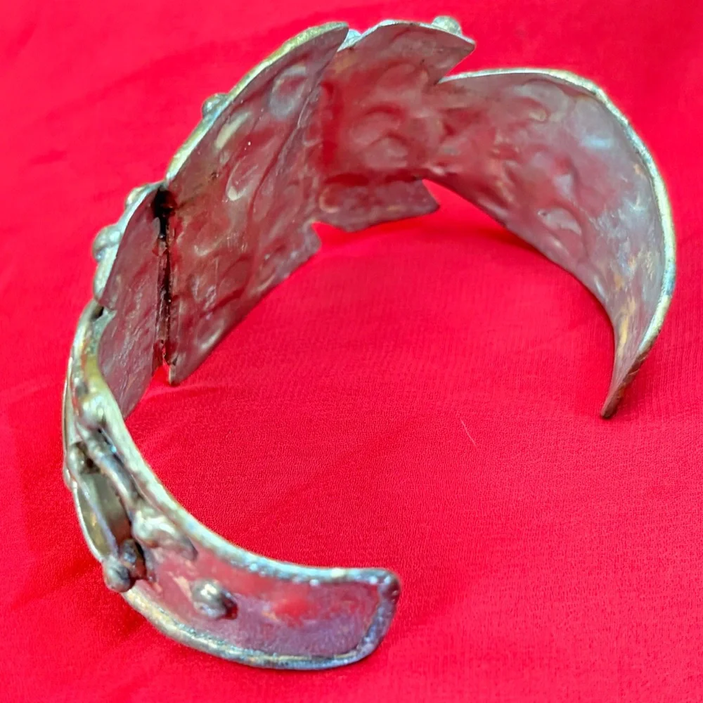 Vintage Brutalist Mixed Metal and Jasper Or Agate Artisan Cuff Bracelet